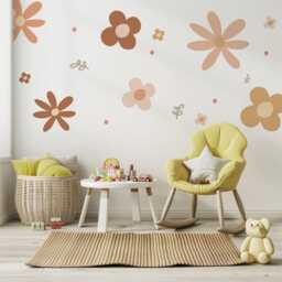 Boho Flower Wall Stickers Nursery Decor - Neutral Floral Decals Retro Daisy Peel & Stick Kids Room - thumbnail 1