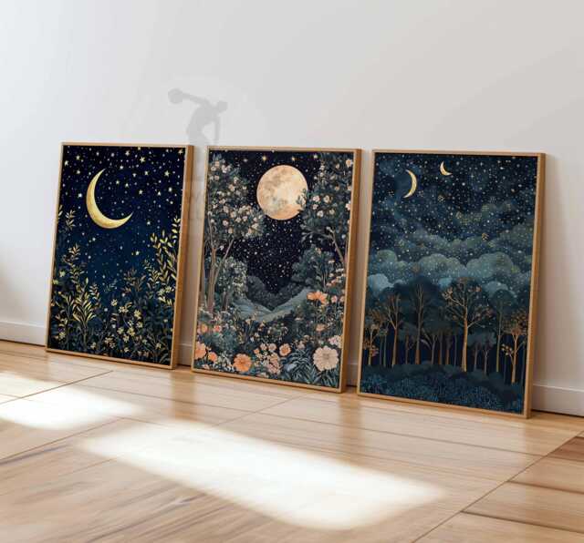 William Morris Set Of 3 Posters, Gold Decor, Print, Moon Poster, Night Sky Art, Botanical Floral Bedroom Art - image 1