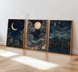 William Morris Set Of 3 Posters, Gold Decor, Print, Moon Poster, Night Sky Art, Botanical Floral Bedroom Art - thumbnail 1