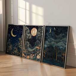 William Morris Set Of 3 Posters, Gold Decor, Print, Moon Poster, Night Sky Art, Botanical Floral Bedroom Art - thumbnail 3