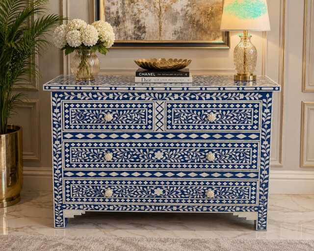 Designer Bone Inlay Blue Floral Pattern Chest Of 4 Drawers - image 1
