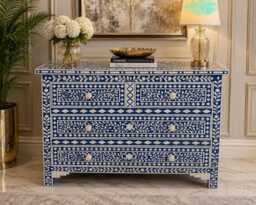 Designer Bone Inlay Blue Floral Pattern Chest Of 4 Drawers
