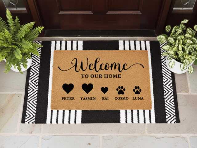 Custom Entry Doormat With Family Hearts & Paw Prints - Customize Tor Your Personalized Welcome Rug Name On It - image 1