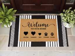 Custom Entry Doormat With Family Hearts & Paw Prints - Customize Tor Your Personalized Welcome Rug Name On It - thumbnail 1