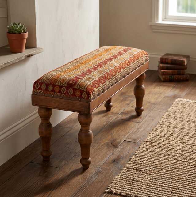 Vintage Ottoman Bench, Upholstered Stool, Bedroom Furniture, Kilim Rug Ottoman, Piano Chair - image 1