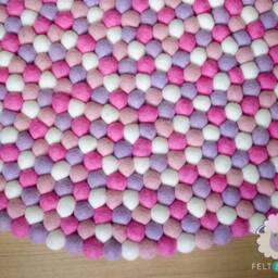 Pink & White Felt Ball Rug - Handmade Pom Carpet For Living Room, Bedroom, Kids Decor Round Cozy Foot Rugs - thumbnail 2