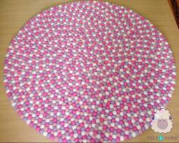 Pink & White Felt Ball Rug - Handmade Pom Carpet For Living Room, Bedroom, Kids Decor Round Cozy Foot Rugs - thumbnail 1