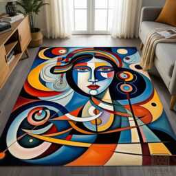 Abstract Woman Face Rug - Modern Cubist Art Tile Mat Statement Decor - thumbnail 2