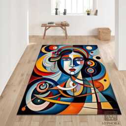 Abstract Woman Face Rug - Modern Cubist Art Tile Mat Statement Decor - thumbnail 1