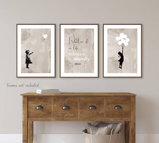 Beige Banksy Balloon Girl Print, Choice Of 3 , Neutral Living Room Wall Art, Bedroom Posters Kitchen Decor - image 1