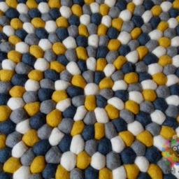 Handmade Wool Felt Ball Rug Mustard, White, Grey Nursery Decor - thumbnail 4