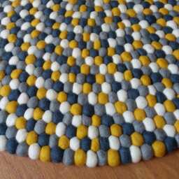 Handmade Wool Felt Ball Rug Mustard, White, Grey Nursery Decor - thumbnail 3