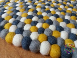 Handmade Wool Felt Ball Rug Mustard, White, Grey Nursery Decor - thumbnail 1