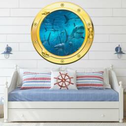 Large Sharks Shark Sea Ocean Port Hole Silver Or Gold Porthole Round Gloss Cut Wall Sticker Decal Adhesive - thumbnail 2