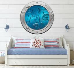 Large Sharks Shark Sea Ocean Port Hole Silver Or Gold Porthole Round Gloss Cut Wall Sticker Decal Adhesive