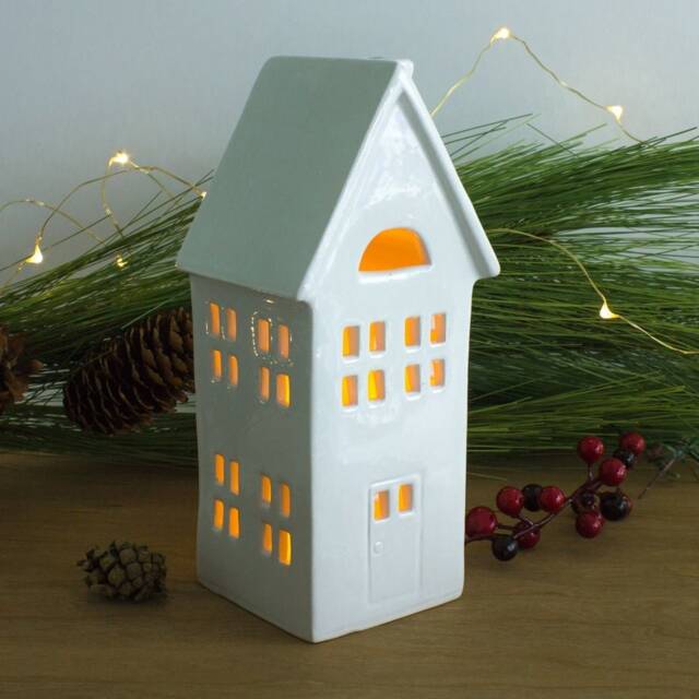 Large White House Luminary, Ceramic Lantern, Valentine Candle Holder, Slim Chalet Putz House, Mantel Decor - image 1