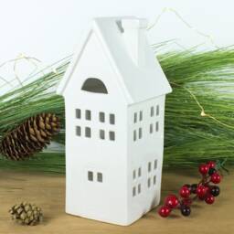 Large White House Luminary, Ceramic Lantern, Valentine Candle Holder, Slim Chalet Putz House, Mantel Decor - thumbnail 2