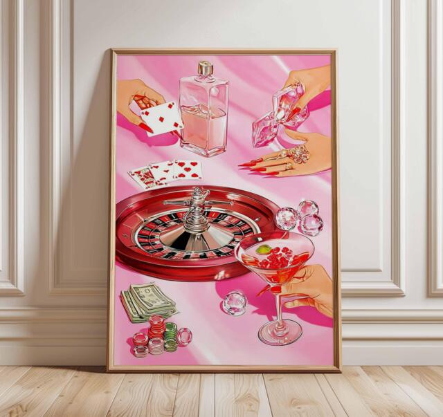 Casino Wall Art - Glamorous Pop Poster Roulette & Playing Cards Print Luxury Bar Artwork Pink Cocktail Decor - image 1
