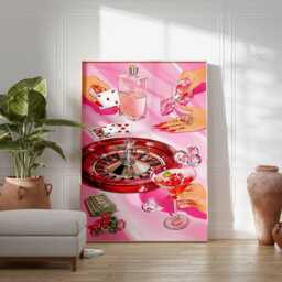 Casino Wall Art - Glamorous Pop Poster Roulette & Playing Cards Print Luxury Bar Artwork Pink Cocktail Decor - thumbnail 2