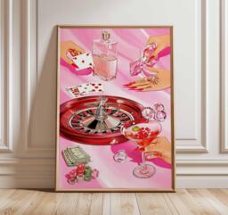 Casino Wall Art - Glamorous Pop Poster Roulette & Playing Cards Print Luxury Bar Artwork Pink Cocktail Decor - thumbnail 1