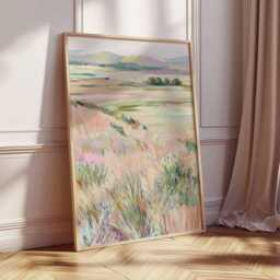 Pastel Landscape Wall Art Print, Soft Countryside Meadow Painting, Serene Field Poster, Calming Nature Decor For Bedroom Or Living Room - thumbnail 3
