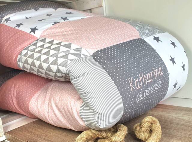 Crawling Blanket - Patchwork Blanket Baby Stars Powder Pink/Grey/White 3-4 cm Thick With Name/Date Time Size Weight - image 1
