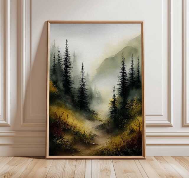 Misty Forest Wall Art, Mountain Landscape Poster, Nature Woodland Print, Foggy Pine Trees Painting, Rustic Cabin Home Decor - image 1