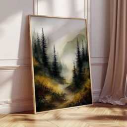 Misty Forest Wall Art, Mountain Landscape Poster, Nature Woodland Print, Foggy Pine Trees Painting, Rustic Cabin Home Decor - thumbnail 2