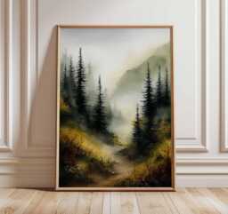Misty Forest Wall Art, Mountain Landscape Poster, Nature Woodland Print, Foggy Pine Trees Painting, Rustic Cabin Home Decor - thumbnail 1