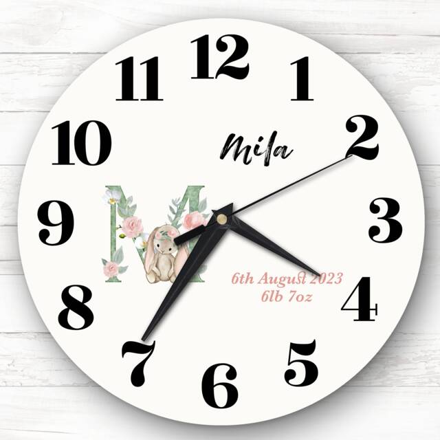 Baby Floral Watercolour Animal Alphabet Letter M Gift Personalised Clock - image 1