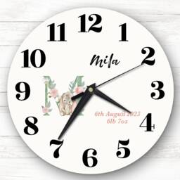 Baby Floral Watercolour Animal Alphabet Letter M Gift Personalised Clock - thumbnail 1