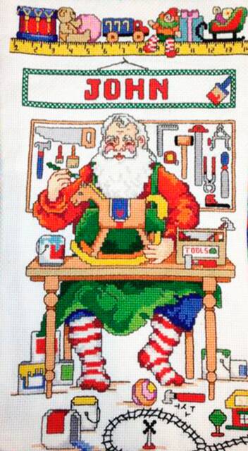 Personalised Christmas Stocking Santas Workshop Embroidered Santa Family Stockings Custom Cross Stitch Made To Order Mantelpiece Decor - image 1