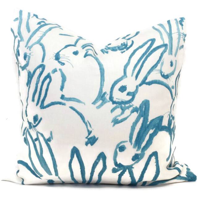 Hunt Slonem Hutch Bunny Pillow Cover Aqua Linen Throw Lee Jofa Groundworks - image 1