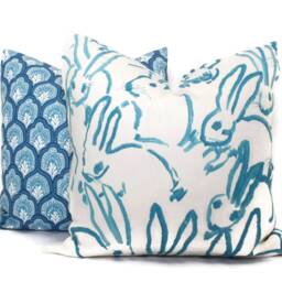 Hunt Slonem Hutch Bunny Pillow Cover Aqua Linen Throw Lee Jofa Groundworks - thumbnail 2