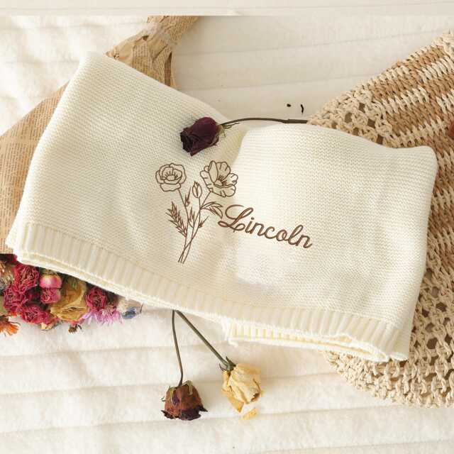 Personalized Birth Month Flower Baby Blanket, Embroidered Name Knitted Blankets, Shower Gift, Newborn Gift, Keepsake Gift For - image 1