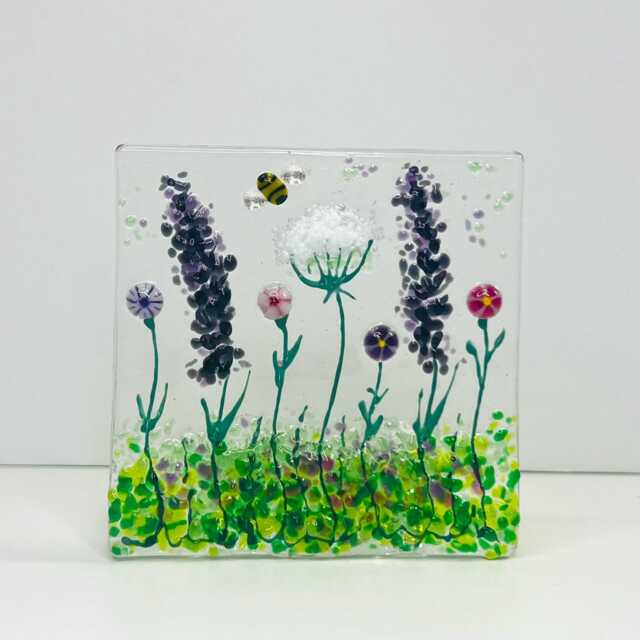 Purple & Pink Wild Meadow & Bee Handmade Fused Glass Tealight Holder - image 1