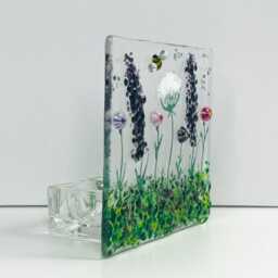 Purple & Pink Wild Meadow & Bee Handmade Fused Glass Tealight Holder - thumbnail 2
