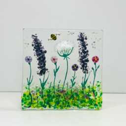 Purple & Pink Wild Meadow & Bee Handmade Fused Glass Tealight Holder