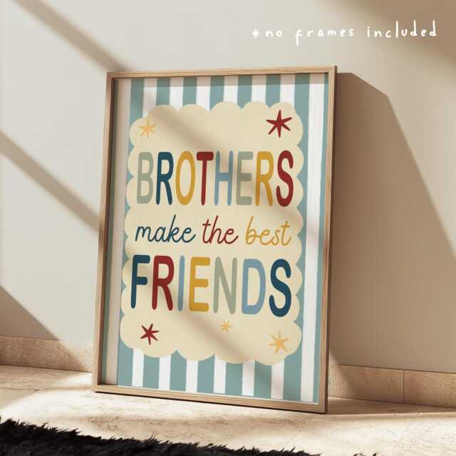 Brothers Make The Best Friends Print in Blue, Yellow & Green, Stripey Kids Retro Shades Bedroom Playroom, Scandi Nursery Decor - image 1