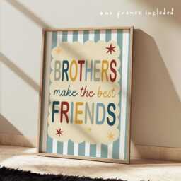 Brothers Make The Best Friends Print in Blue, Yellow & Green, Stripey Kids Retro Shades Bedroom Playroom, Scandi Nursery Decor - thumbnail 1