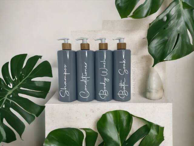 Mrs Hinch Grey & Bamboo Bathroom Personalised Lotion Pump Bottles/Bathroom Bottles/Kitchen Bottles/Soap Dispensers/Dispenser Bottles - image 1