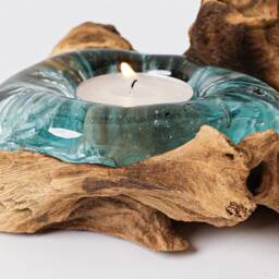 Blown Glass On Wood, Candle Vase, Molten Glass, Unique, Hand Recycled Office Decor, Room Decoration, Kitchen Gift, Best Gift - thumbnail 4