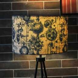 steampunk Cogs Clocks Time Print Velvet Lampshade Blue Cream 25cm 30cm 35cm 40cm 45cm - Drum Lamp Shade Handmade Home Decor Ceiling - thumbnail 2