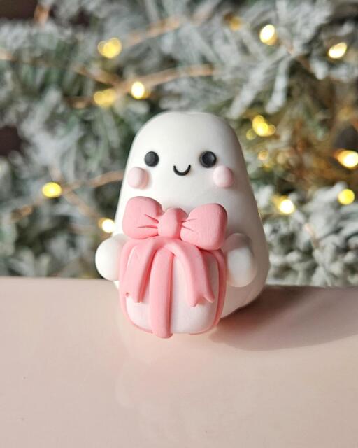 Ghost With Gift - Handmade Polymer Clay Figurine, Keychain Or Charm, Christmas Decor, Plant Pot Accessory, Trinket Shelf - image 1