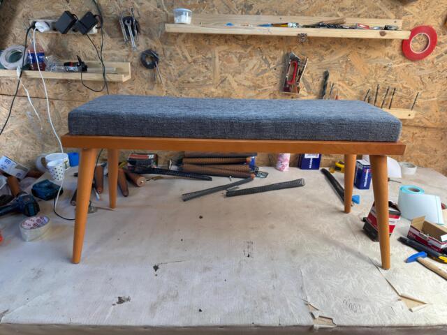 Handmade Mid-Century Bench Wooden Entryway Bench With Gray Cushion - image 1