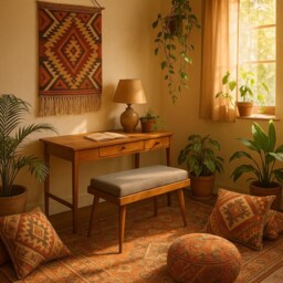 Handmade Mid-Century Bench Wooden Entryway Bench With Gray Cushion - thumbnail 4