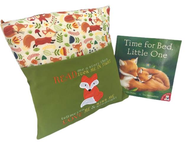 Fox Reading Pillow Embroidered Story Book Pocket Cushion - image 1