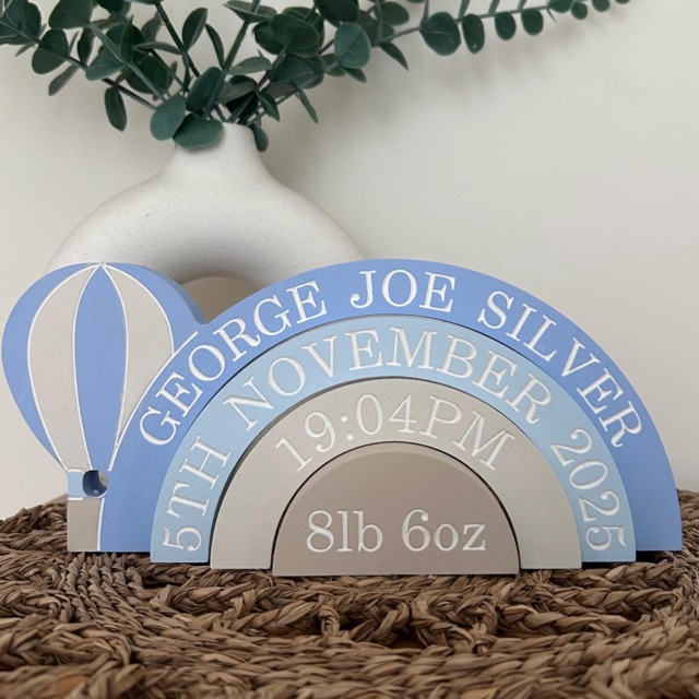 Personalised Birth Detail Engraved Rainbow Decor, Wooden Nursery Name Sign, Hot Air Balloon Design - image 1