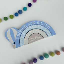 Personalised Birth Detail Engraved Rainbow Decor, Wooden Nursery Name Sign, Hot Air Balloon Design - thumbnail 2