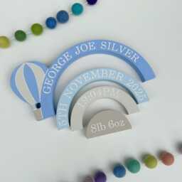 Personalised Birth Detail Engraved Rainbow Decor, Wooden Nursery Name Sign, Hot Air Balloon Design - thumbnail 3